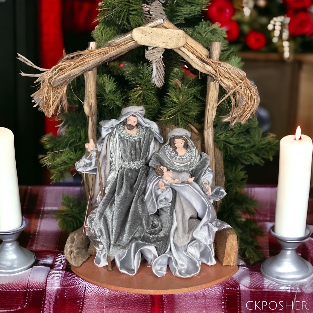 🎄XMAS🎄 Christmas Nativity Silver Bronze Mary Jesus Wood Display Holiday Decor